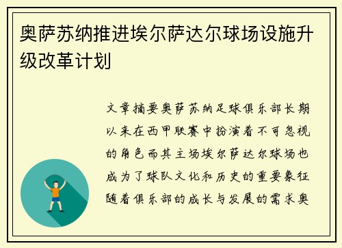 奥萨苏纳推进埃尔萨达尔球场设施升级改革计划 奥萨苏纳推进埃尔萨达尔球场设施升级改革计划